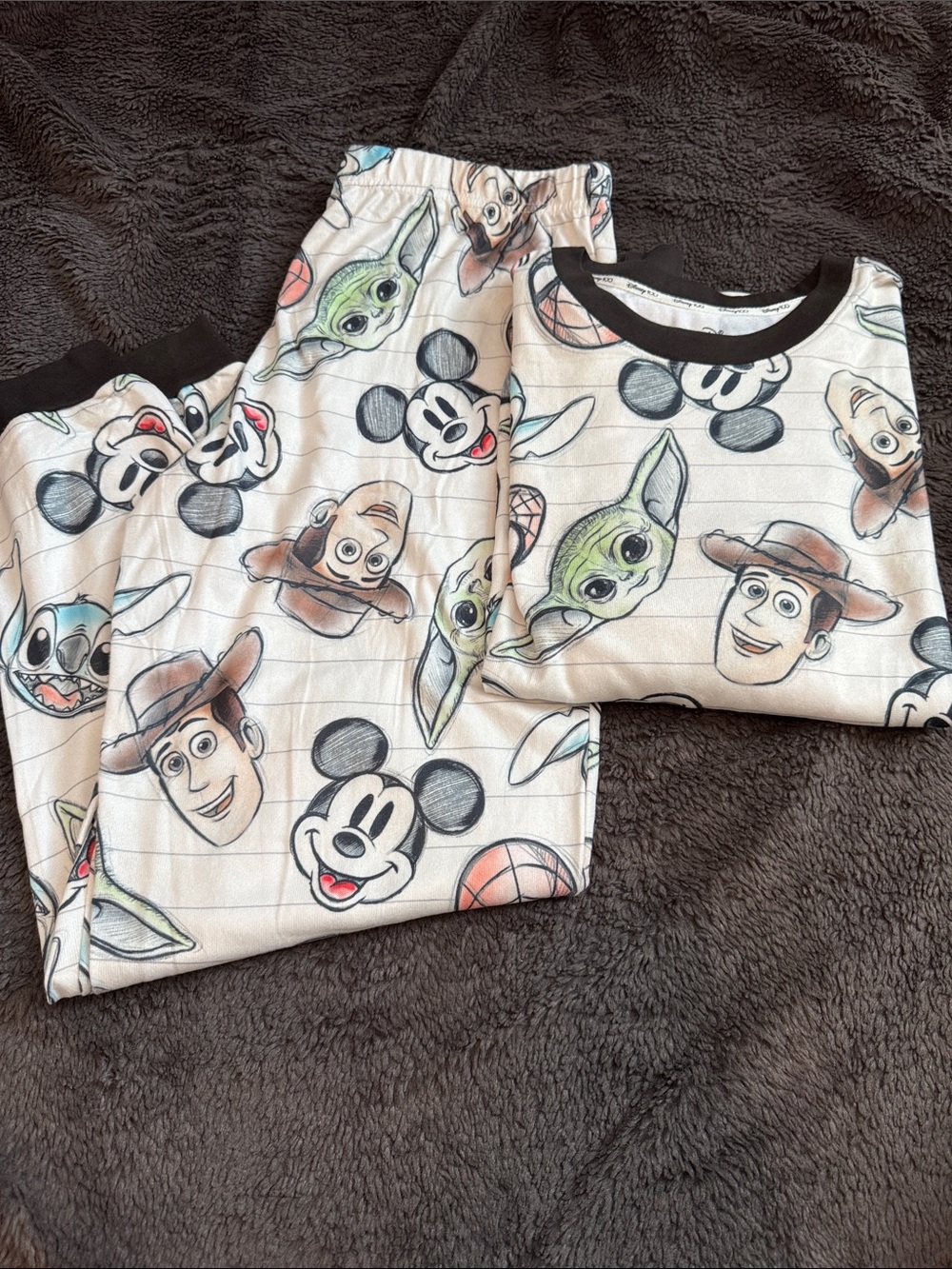 New Character Print Adult Pajama Set - Cream with Black Trim